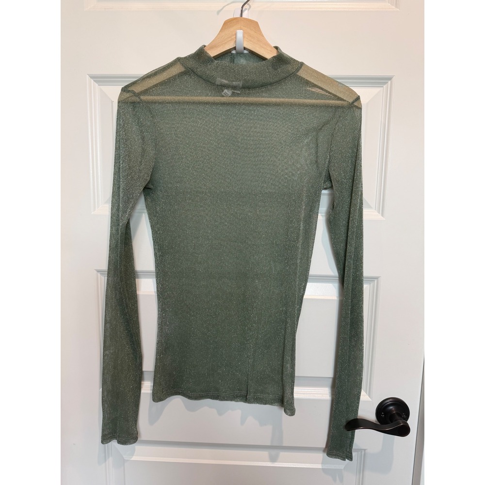Willow + Root Womens Sage Green Metallic Mesh Mock Neck Long Sleeve Top Large